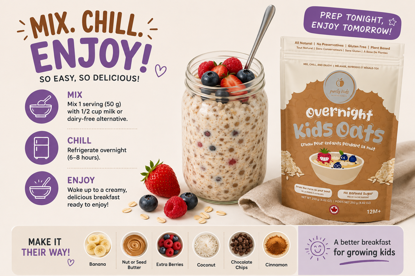 Organic Protein Overnight Oats for Kids – Chia, Oats & Berries