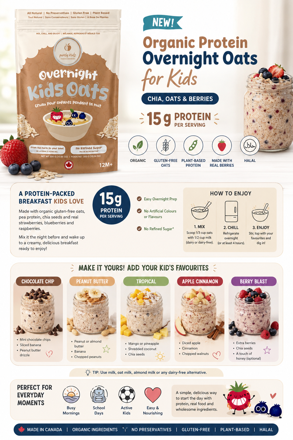 Organic Protein Overnight Oats for Kids – Chia, Oats & Berries