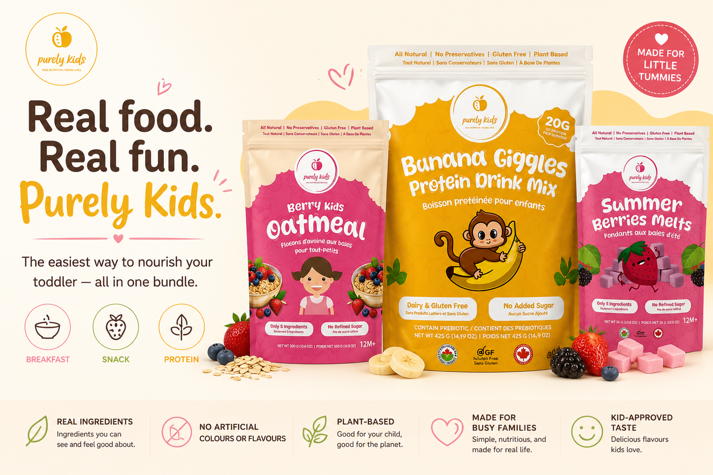 Purely Kids Starter Bundle -Oatmeal, Protein Drink Mix & Melts (Kids Essentials Kit)