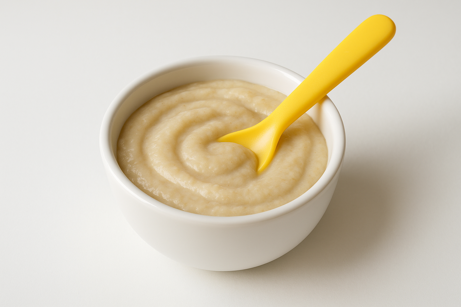 Make a small kids white bowl with baby oatmeal in it and a yellow spoon in it